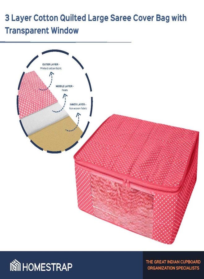 Homestrap Set of 6 Cotton Quilted Saree Covers | 3-Layered Foldable Storage Bags with Transparent Window & Zip | Premium Wardrobe Organizer for Sarees, Lehengas, Dresses | Pink - Image 4